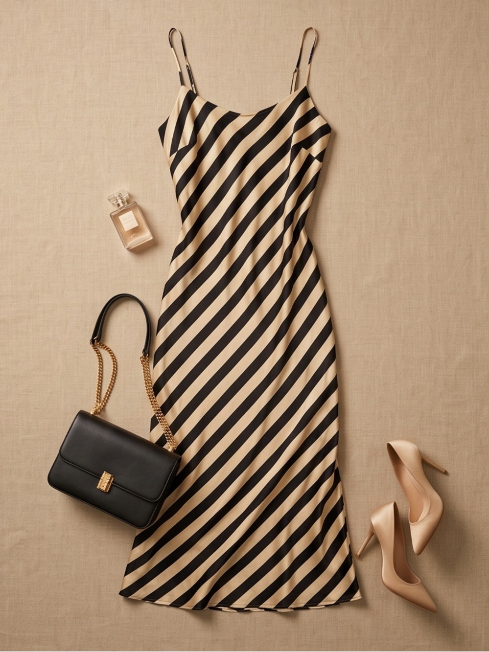 Endless Rose Black and Cream Diagonal Stripe Slip Dress with Spaghetti Straps